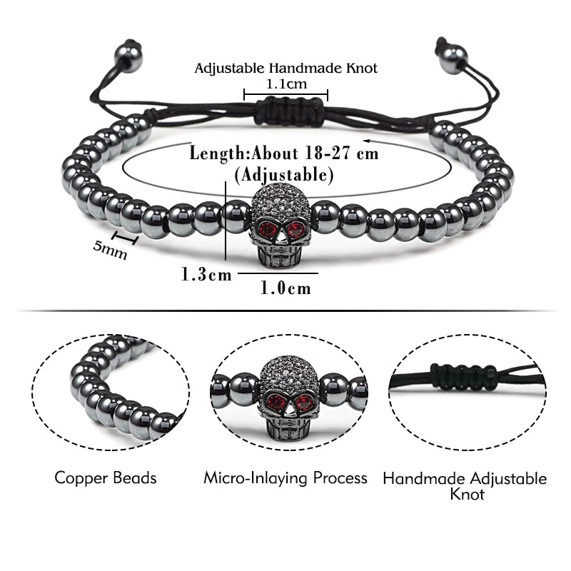 Charm Skull Head Copper Beads Bracelets Handmade Pave CZ Skeleton Crystal Adjustable Bracelet Punk Wrist Jewelry for Women
