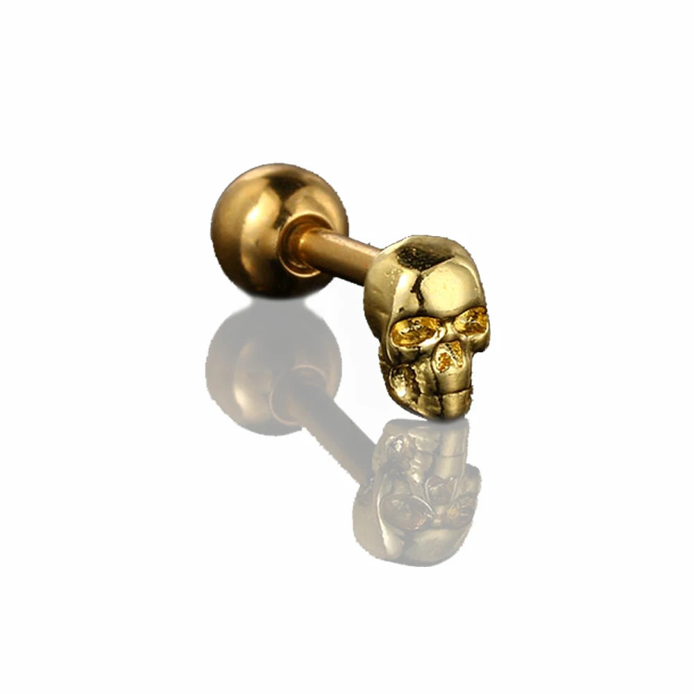 Skull Earrings for Women Punk Style Small Skeleton Stainless Steel Piercing Helix Gold Color Screw Ear Stud Halloween Gift
