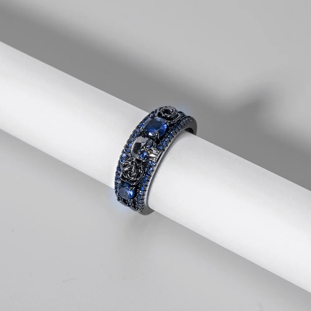 Retro punk skull flower electroplating gun black inlaid with red, blue, green zircon rings
