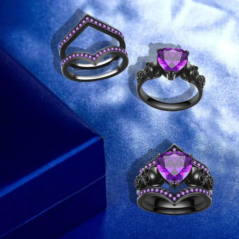 Gothic Skull Black Rings Set Women Rose Flower Red Purple Heart Zircon Crystal Christmas Anniversary Party Biker Jewelry