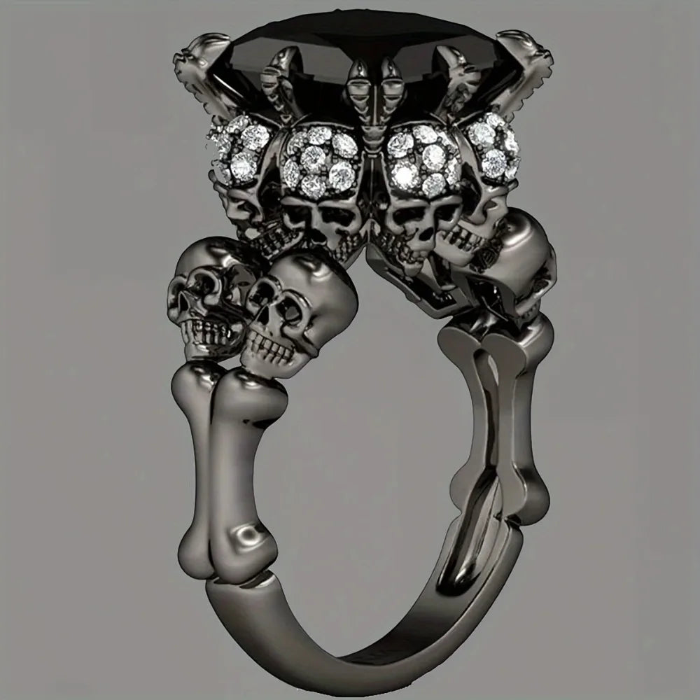 Stunning Punk Skull Ring - Retro Gothic Style, Black Zircon Jewelry, Simple Design, Unisex, Halloween Accessory Ring