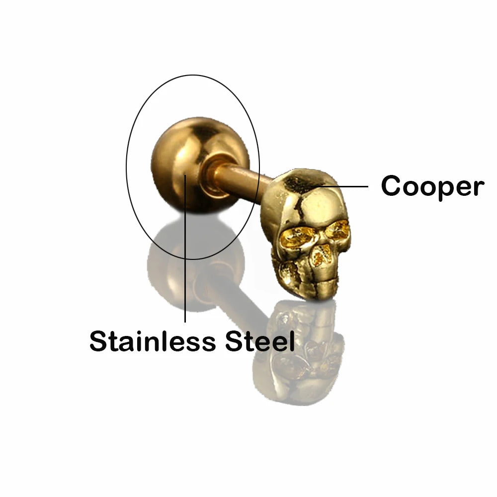 Skull Earrings for Women Punk Style Small Skeleton Stainless Steel Piercing Helix Gold Color Screw Ear Stud Halloween Gift