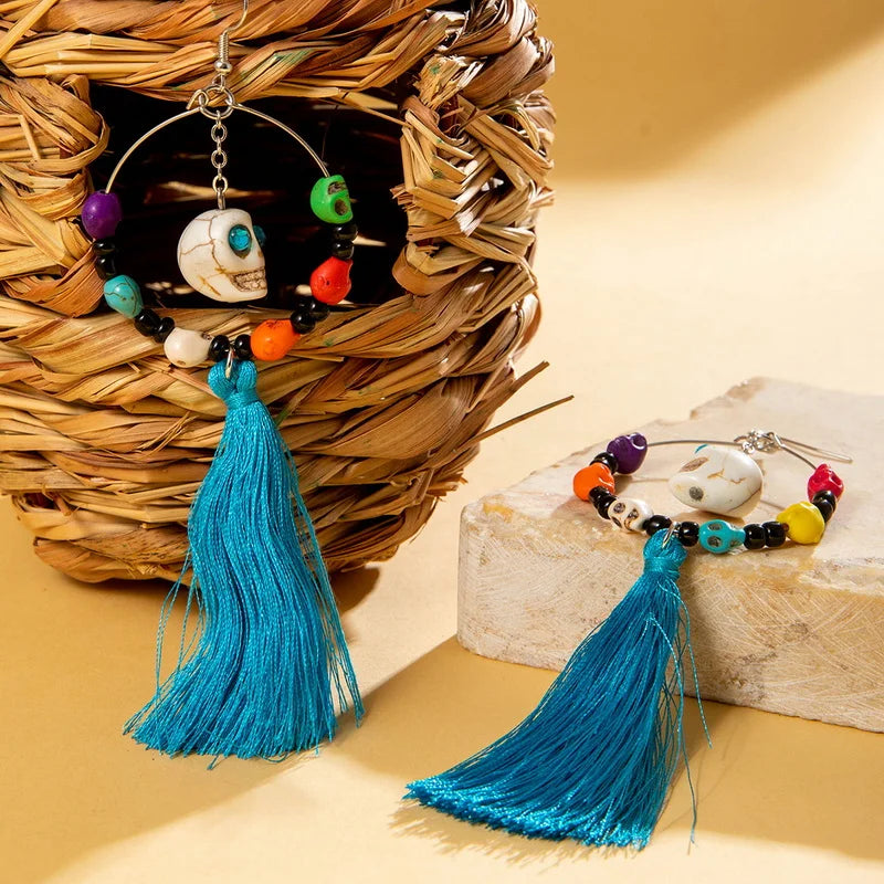 Funny Ethnic Flower Skull Drop Earrings for Women Creative Gothic Punk Long Tassel Earring Halloween Party Festival Jewelry Gift