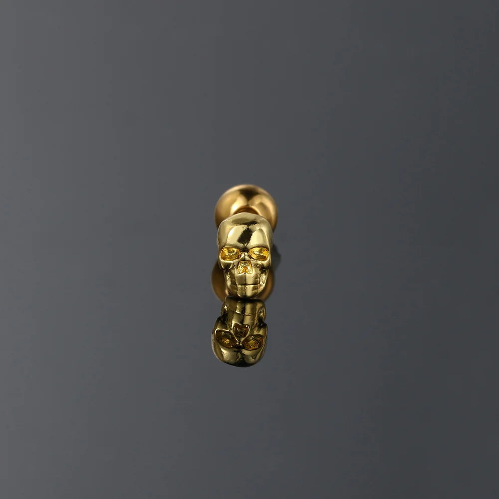 Skull Earrings for Women Punk Style Small Skeleton Stainless Steel Piercing Helix Gold Color Screw Ear Stud Halloween Gift