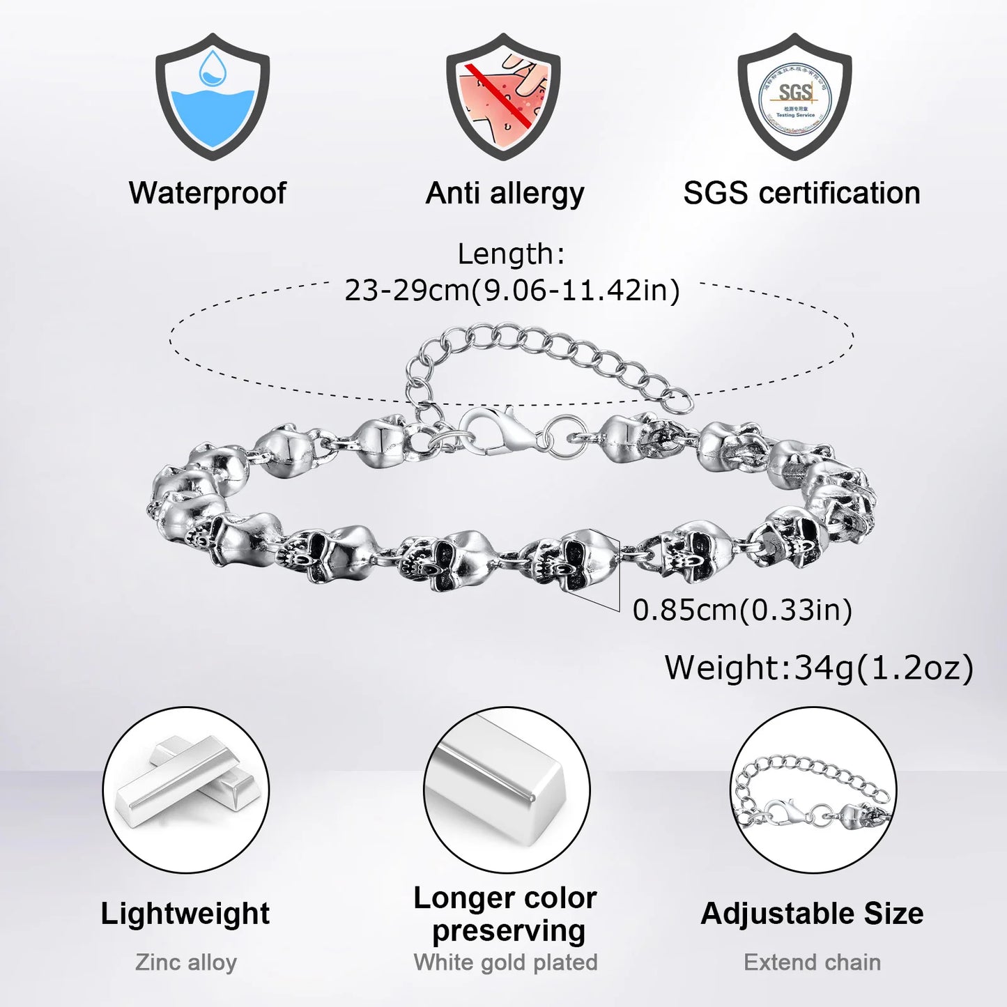 Gothic Full Skull Ghost Head Bracelet for Men,Rock Punk Motorcycle Riding Bicycle Chain Wristband,Halloween Jewelry Gifts