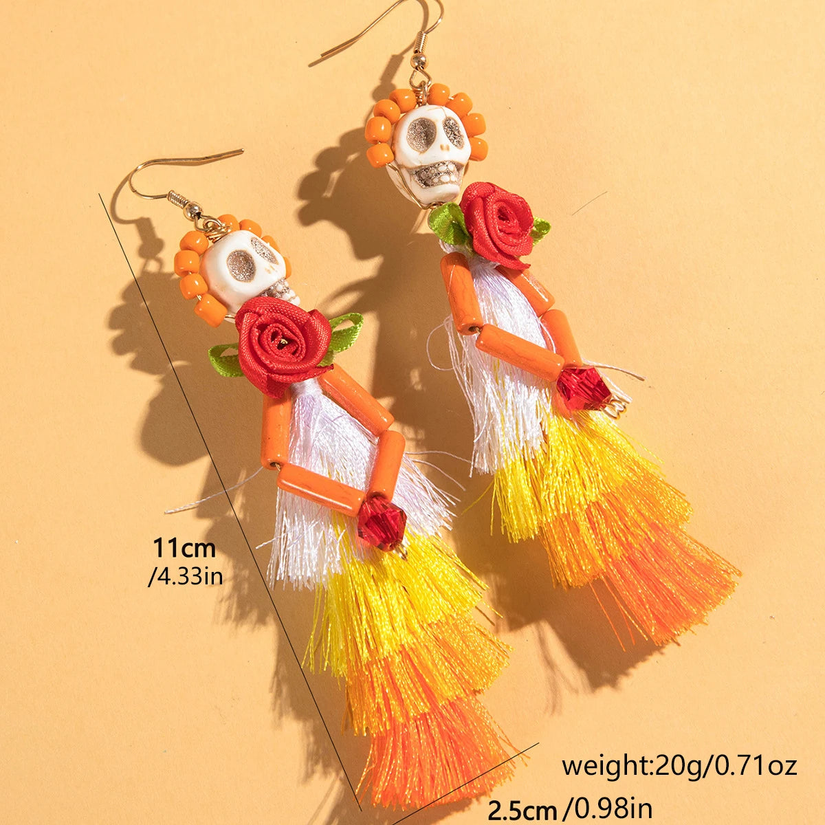 Funny Ethnic Flower Skull Drop Earrings for Women Creative Gothic Punk Long Tassel Earring Halloween Party Festival Jewelry Gift