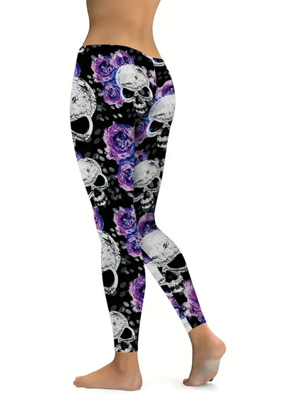 Purple Rose & Skull print elasticated waist tight casual leggings for women