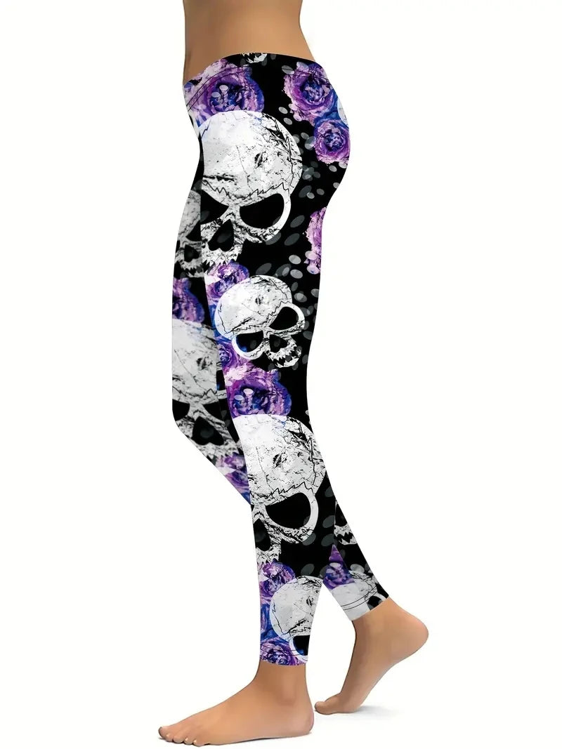 Purple Rose & Skull print elasticated waist tight casual leggings for women