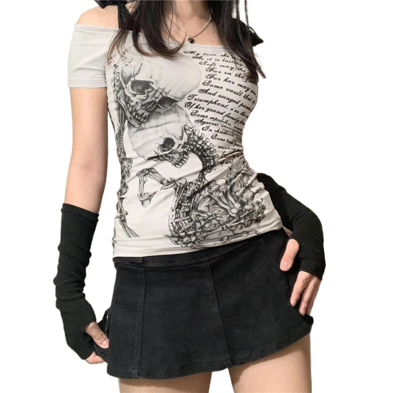 Xingqing Goth Skull T Shirt 2000s Aesthetic Women Grunge Fairy Core Off Shoulder Short Sleeve Tops Graphic Tee y2k Streetwear