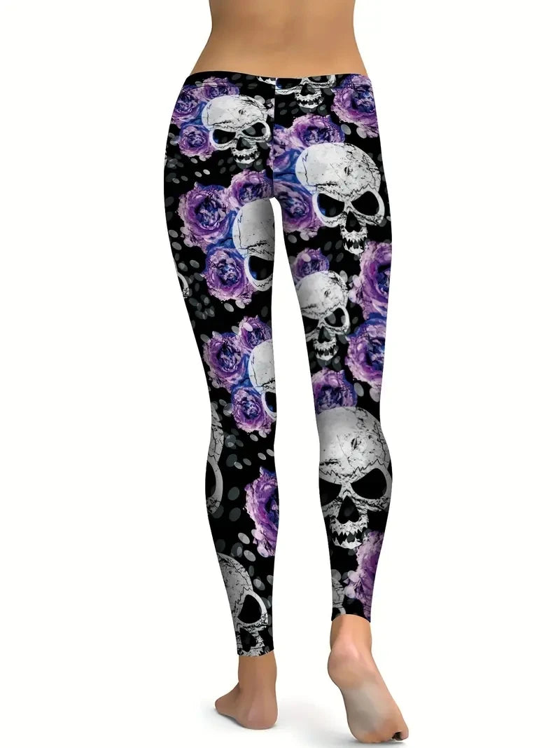 Purple Rose & Skull print elasticated waist tight casual leggings for women