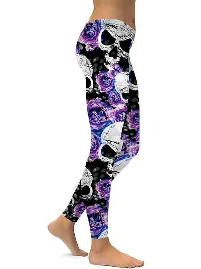 Purple Rose & Skull print elasticated waist tight casual leggings for women