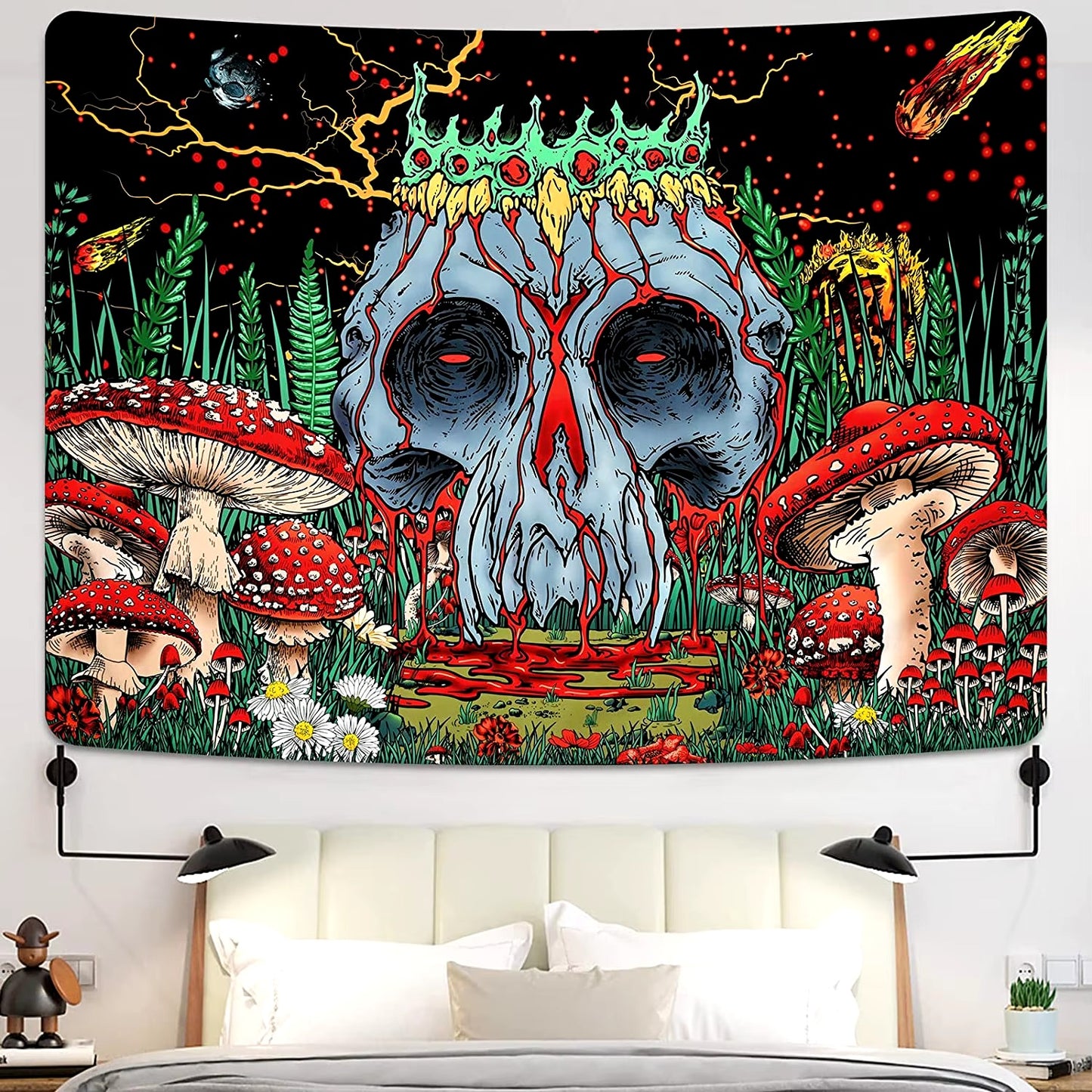 Skull Black and White Tapestry,Gothic Skeleton  Aesthetic Wall  for Bedroom,Horror   Hanging