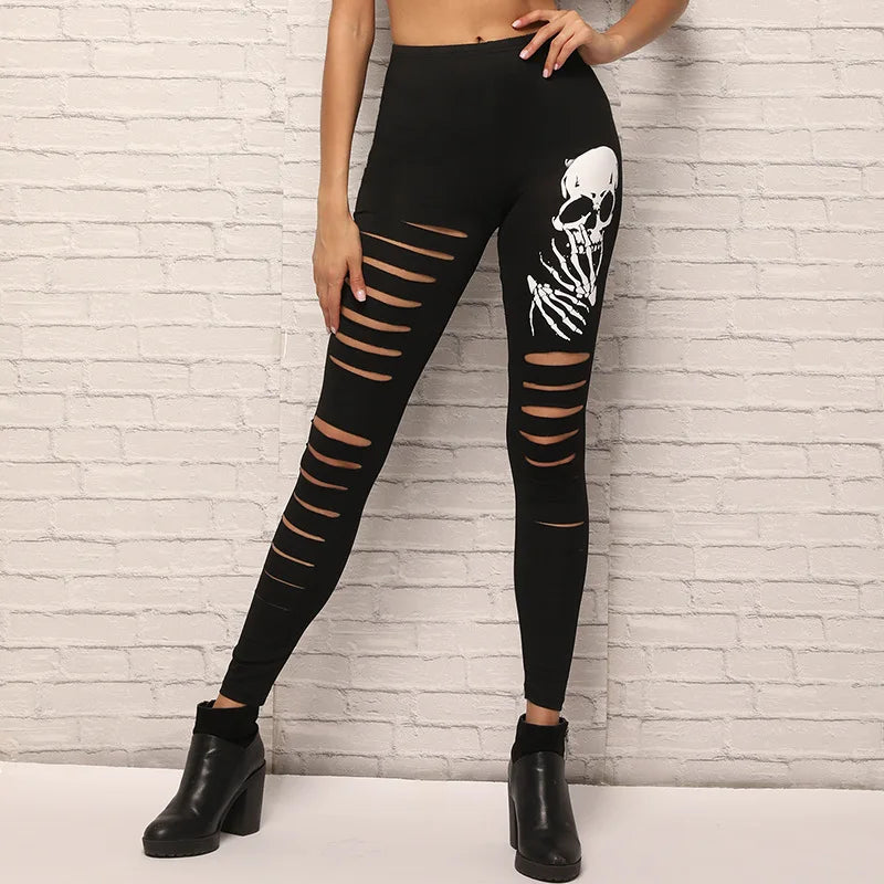 Punk style fashion woman Skull Printed Hollow out legging lady holloween legging