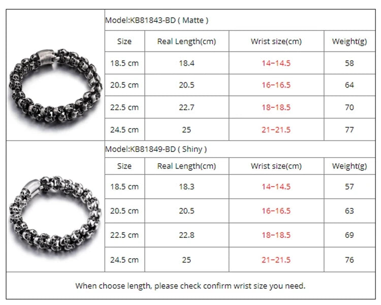 Kalen Punk Long Matte Skull Necklace & Bracelets For Men Stainless Steel Brushed Skull Charm Link Chain Male Gothic Jewelry