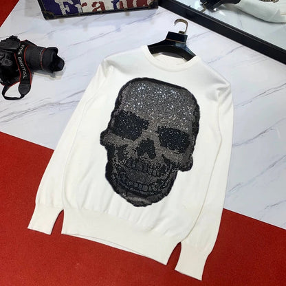 Autumn / Winter Men's Sweater New Knit Pullover Casual Skull Hot Drill Printing Thermal Long-Sleeved Black And White Top