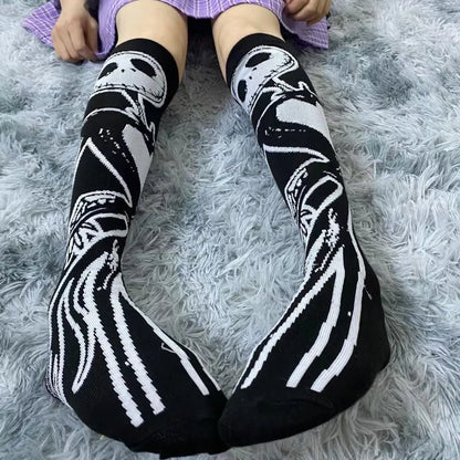 Harajuku Dark Skeleton Pattern Knee Socks Women Girl Gothic Punk Streetwear Mall Goth JK School Casual Retro Moon Star Long Cool