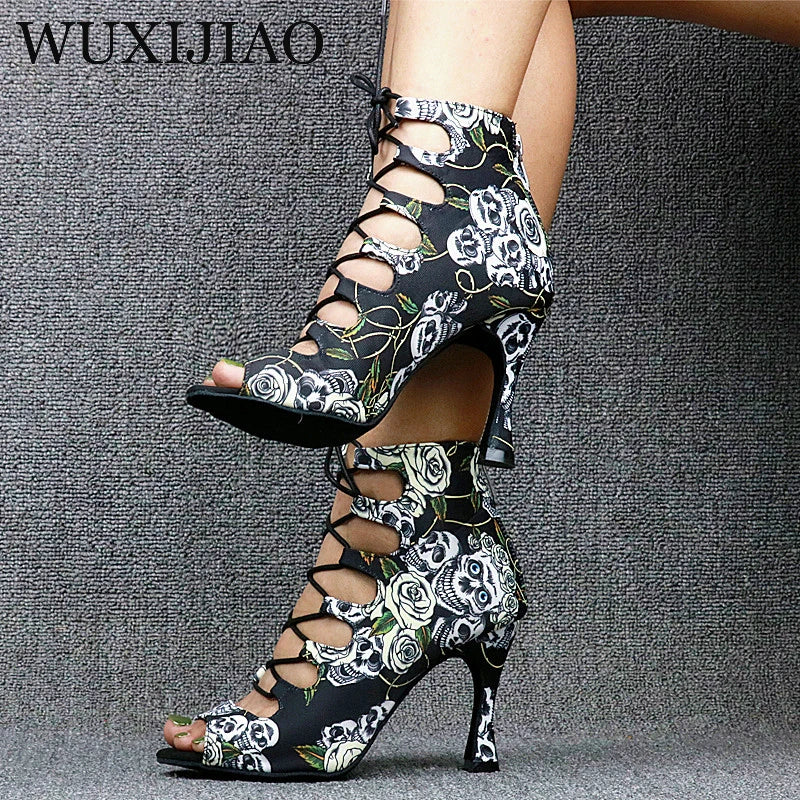 WUXIJIAO Professional Ballroom Dance Shoes Ladys Halloween Skull Salsa Dance Shoes Denim Doodle 9cm Heeled Women Latin Dance