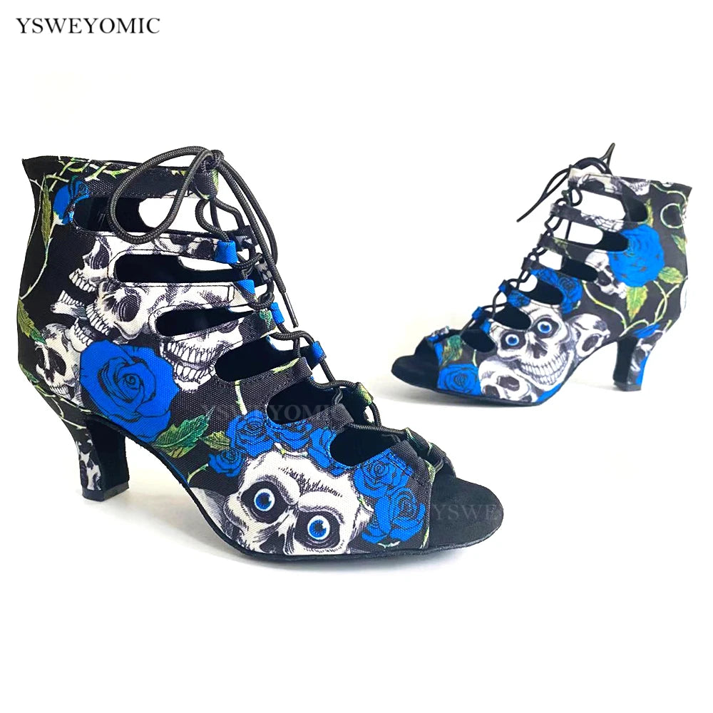 Summer Style Salsa Bachata Dance Shoes Girls Blue Halloween Skull Latin Dance Boot 6cm Heel Salsa Latin Dance Shoes For Women