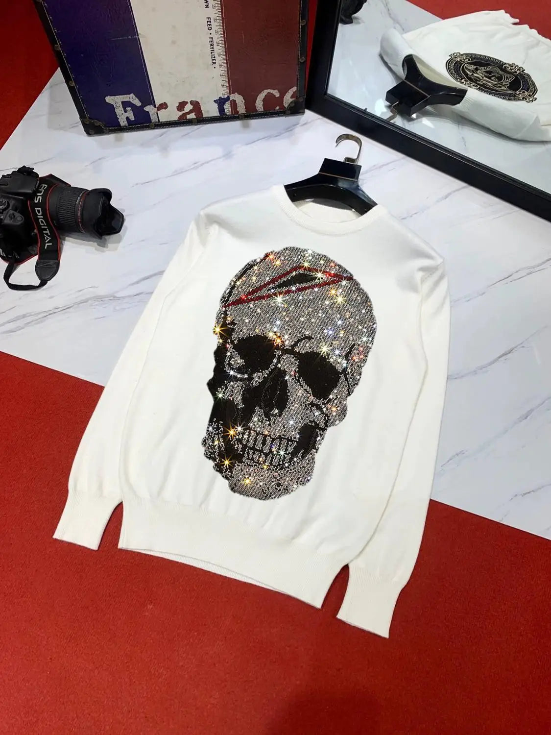 New Design Men's Sweater Hot Diamond Pattern Shiny Skull Sports Fitness Warm Top Plus Size