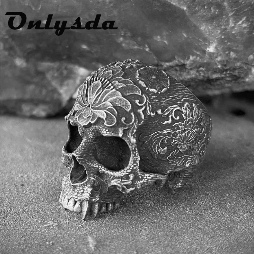 Unique Silver Color 316L Stainless Steel Heavy Sugar Skull Ring Mandala Flower Santa Muerte Jewelry