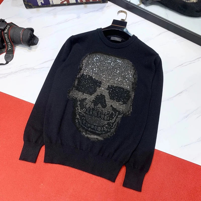 Autumn / Winter Men's Sweater New Knit Pullover Casual Skull Hot Drill Printing Thermal Long-Sleeved Black And White Top