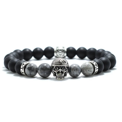 Vintage Skull Bracelet For Men 8mm Black Onyx Stone Beaded Braslet Gothic Pirate Braclet Birthday Present For Boyfriend Pulseras