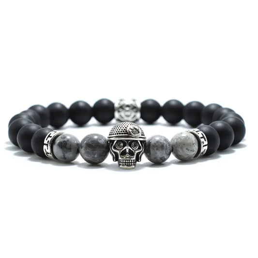 Vintage Skull Bracelet For Men 8mm Black Onyx Stone Beaded Braslet Gothic Pirate Braclet Birthday Present For Boyfriend Pulseras