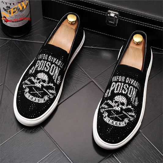 Autumn New Skull Rhinestone punk Men Casual Shoes Flat Loafers Slip-on Lazy Prom Shoes Moccasins Chaussure Homme