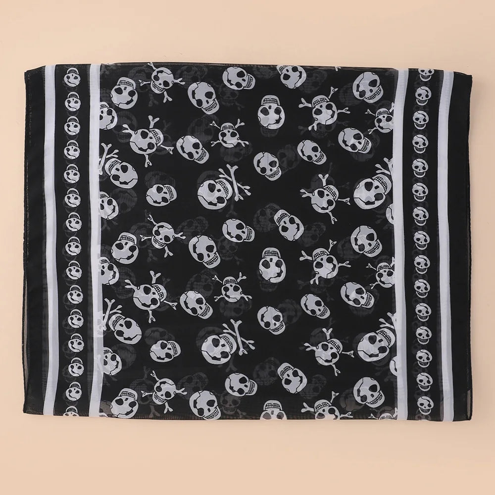 Black Chiffon Silk Feeling Skull Print Fashion Long Scarf Shawl Scaf Wrap For Women