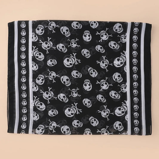 Black Chiffon Silk Feeling Skull Print Fashion Long Scarf Shawl Scaf Wrap For Women