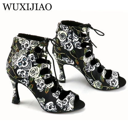 WUXIJIAO Professional Ballroom Dance Shoes Ladys Halloween Skull Salsa Dance Shoes Denim Doodle 9cm Heeled Women Latin Dance