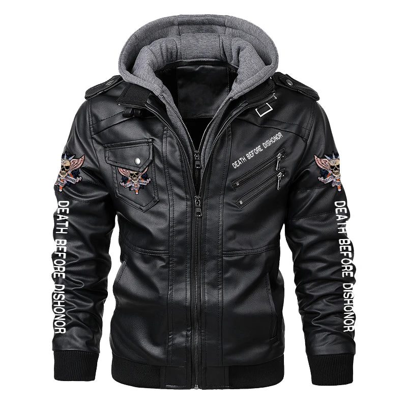 Men Autumn Winter Leather Jackets Coat Motorcycle PU Leather Jacket Skull Wing Print Biker Hooded Coats Casual Outwear