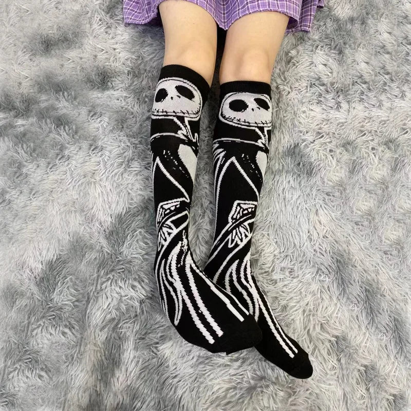 Harajuku Dark Skeleton Pattern Knee Socks Women Girl Gothic Punk Streetwear Mall Goth JK School Casual Retro Moon Star Long Cool