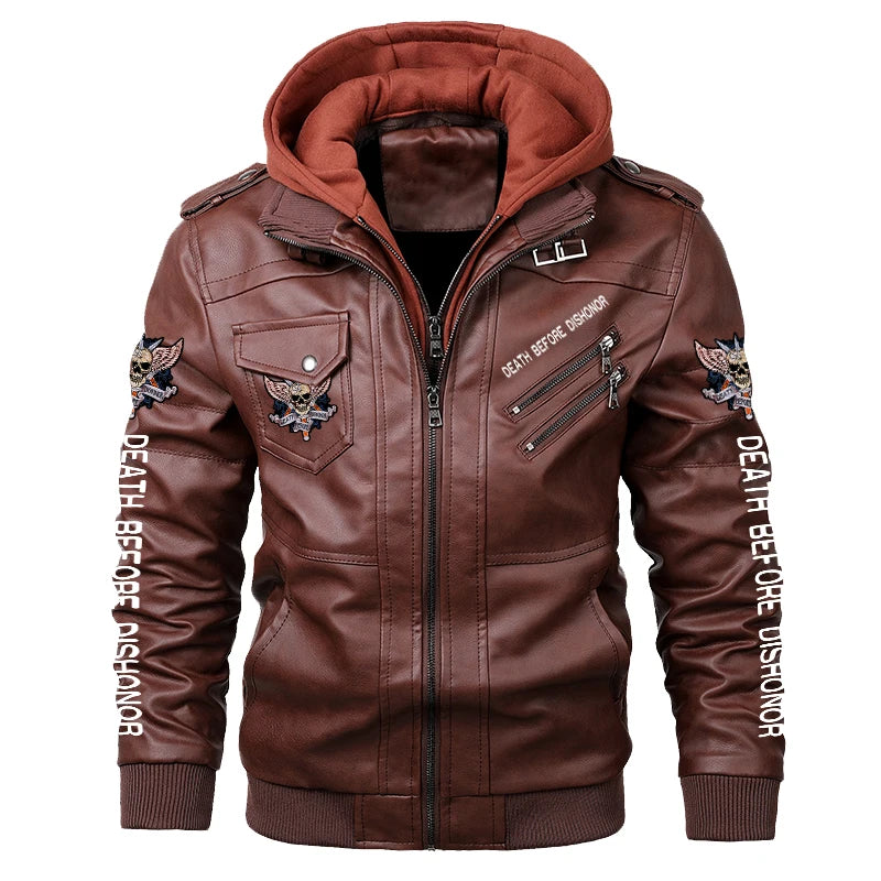 Men Autumn Winter Leather Jackets Coat Motorcycle PU Leather Jacket Skull Wing Print Biker Hooded Coats Casual Outwear