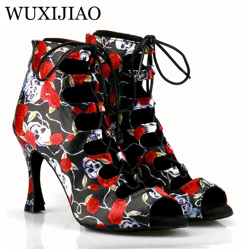 WUXIJIAO Professional Ballroom Dance Shoes Ladys Halloween Skull Salsa Dance Shoes Denim Doodle 9cm Heeled Women Latin Dance