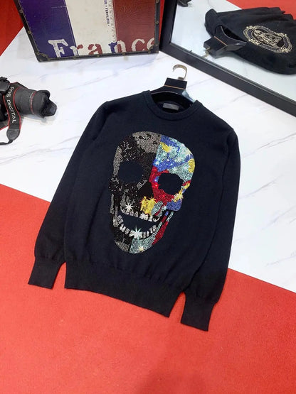 New Designer Skull Color Rhinestone Men's Sweater Personality Fashion Brand Knit Pullover Thick