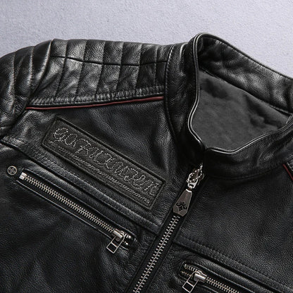 Factory Men Retro Vintage Leather Biker Jacket Embroidery Skull Pattern Black Slim Fit Men Winter Motorcycle Coat M-4XL