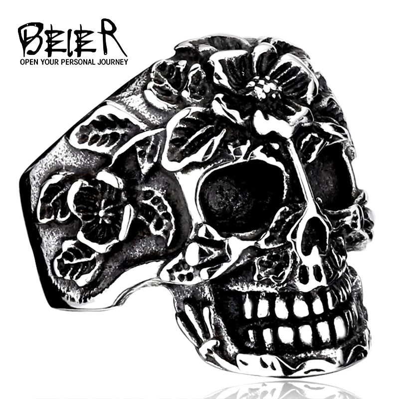 Beier new store 316L Stainless Steel Special Skull Flower Ring Women Classic Punk High Quality Jewelry LLBR8-210R