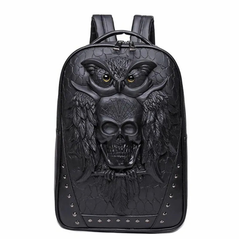 3D Owl Skull Embossing Rivet Black Purse Satchel Man Backpack Halloween Stylish Cool PU Leather laptop Travel Soft Bags