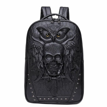 3D Owl Skull Embossing Rivet Black Purse Satchel Man Backpack Halloween Stylish Cool PU Leather laptop Travel Soft Bags