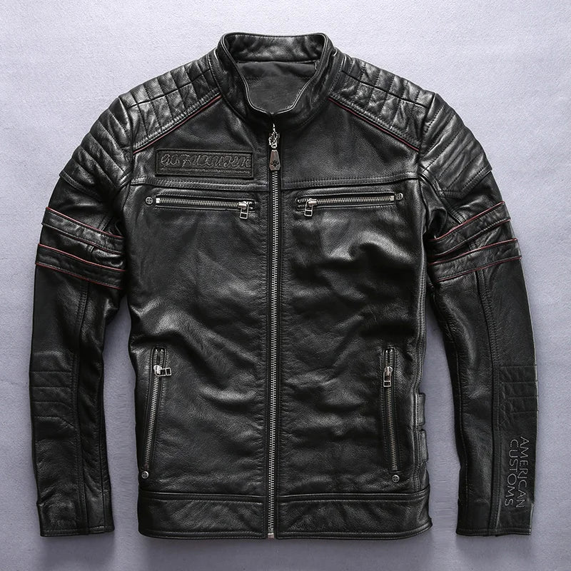 Factory Men Retro Vintage Leather Biker Jacket Embroidery Skull Pattern Black Slim Fit Men Winter Motorcycle Coat M-4XL