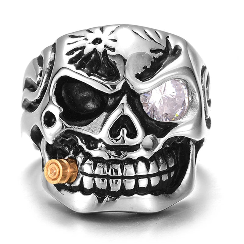 ZRM Fashion Gold Smoking Pipe Biker Men's Rings Rock Punk Skull Ring Clear Red Zircon Eye Plating Rings Jewelry For Men