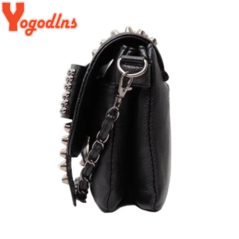 Yogodlns Women Black Leather Messenger Bags Fashion Vintage Messenger Cool Skull Rivets Shoulder Bags sac a main bolsa