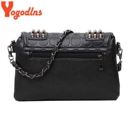 Yogodlns Women Black Leather Messenger Bags Fashion Vintage Messenger Cool Skull Rivets Shoulder Bags sac a main bolsa