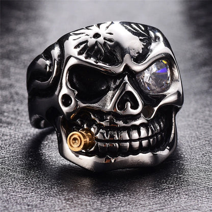 ZRM Fashion Gold Smoking Pipe Biker Men's Rings Rock Punk Skull Ring Clear Red Zircon Eye Plating Rings Jewelry For Men