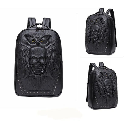 3D Owl Skull Embossing Rivet Black Purse Satchel Man Backpack Halloween Stylish Cool PU Leather laptop Travel Soft Bags