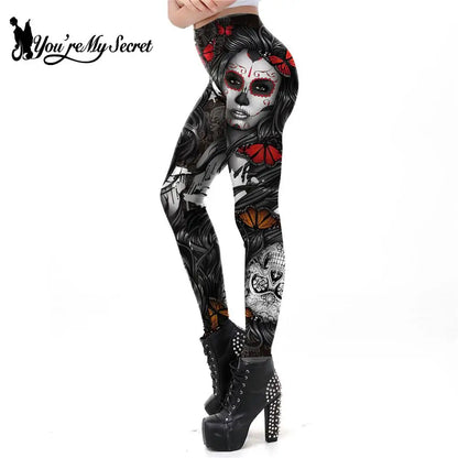 [You're My Secret] New Gothic Printed Leggings For Women Halloween Skull Sexy Legging Rose Pattern Fitness Workout Leggins