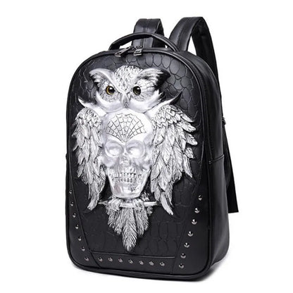 3D Owl Skull Embossing Rivet Black Purse Satchel Man Backpack Halloween Stylish Cool PU Leather laptop Travel Soft Bags