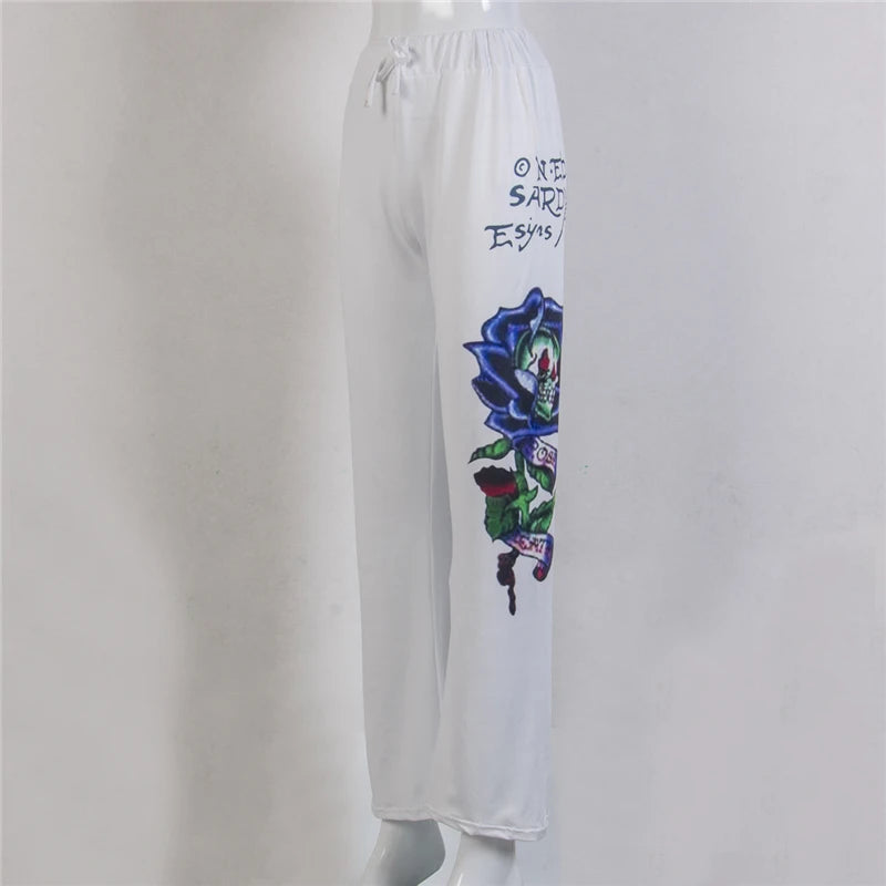 Fashion Women Baggy Skull Rose Printed Long Pants Slim Hippie Wide Leg Boho Trousers S/M/L/XL/2XL/3XL/4XL/5XL