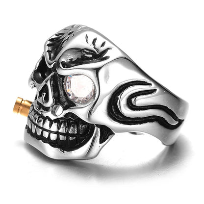 ZRM Fashion Gold Smoking Pipe Biker Men's Rings Rock Punk Skull Ring Clear Red Zircon Eye Plating Rings Jewelry For Men